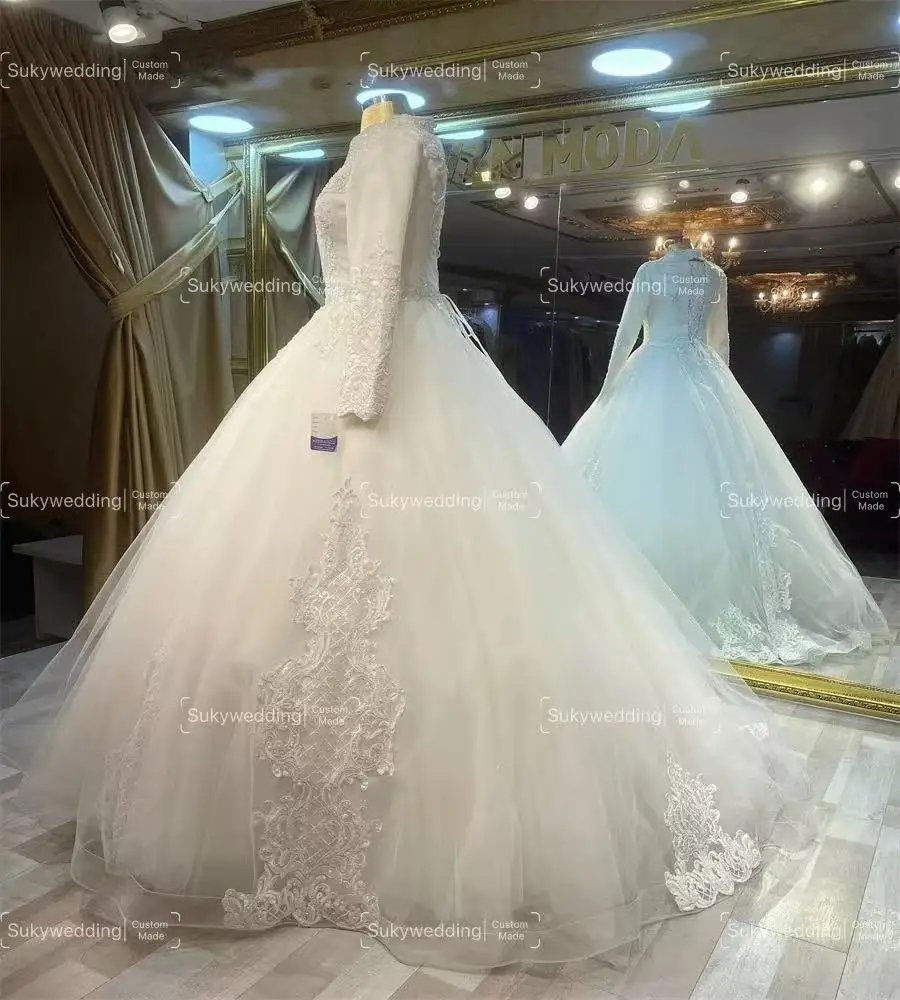 Vestidos de novia musulmanes 2025 cuello alto mangas largas apliques cuentas de encaje vestidos de novia de boda islámicos corsé personalizado