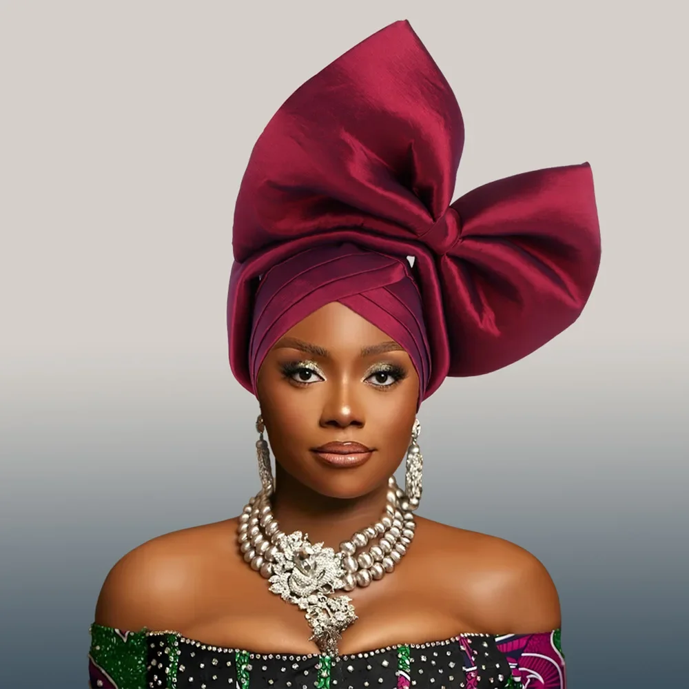 Women Big Bowknot Turban Cap Nigeria African Headtie Auto Gele Headtie Already Made Wedding Party Headgear Female Head Wraps New