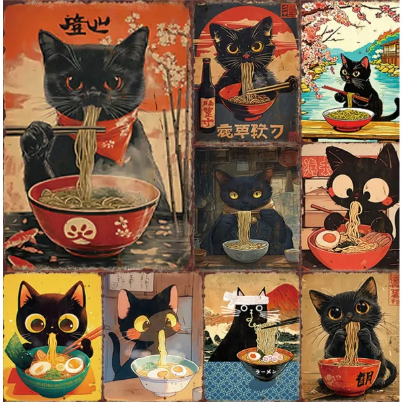 Metallschilder mit Motiv „Katzen essen Lamian-Nudeln“, Retro-Metallposter, Wandkunst, Retro-Raumdekoration, Wohndekorationsartikel, Eisenschilder