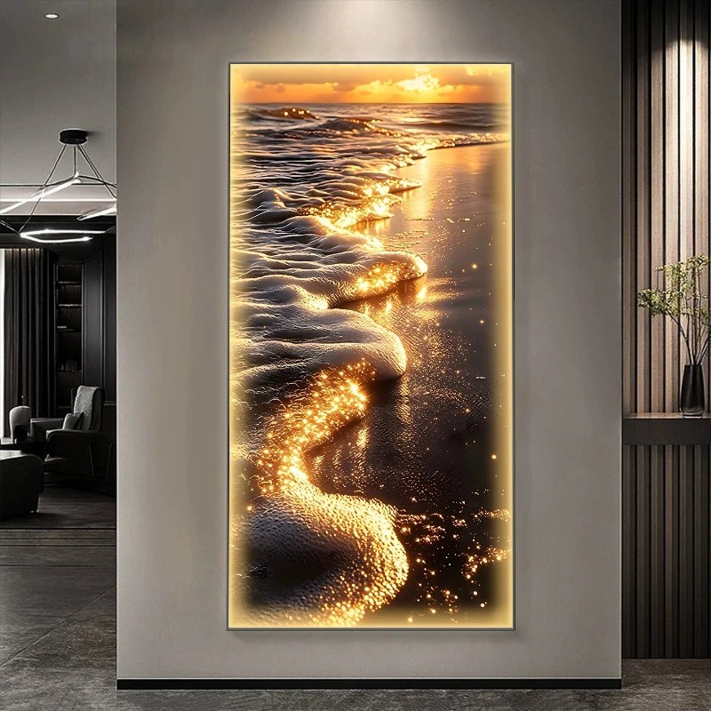 Modern Luxury Gold LED Sea Wave Abstract Lustre Mural Light Hanging Painting Wall Lamps for Entrance Living Room Corridor Decor