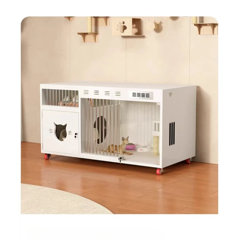 

47.25" Cat House Large Space Hidden Cat Litter Box Enclosure with LED Light, Scratch Pad, Stairs and Smart Doors