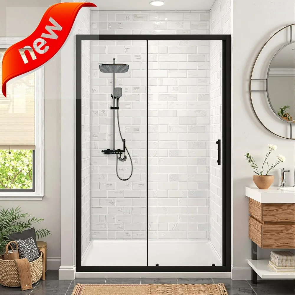 

Semi-Frameless Single Sliding Shower Door, 46.5-48 Width x 72 Height, Clear Tempered Glass, Adjustable Width