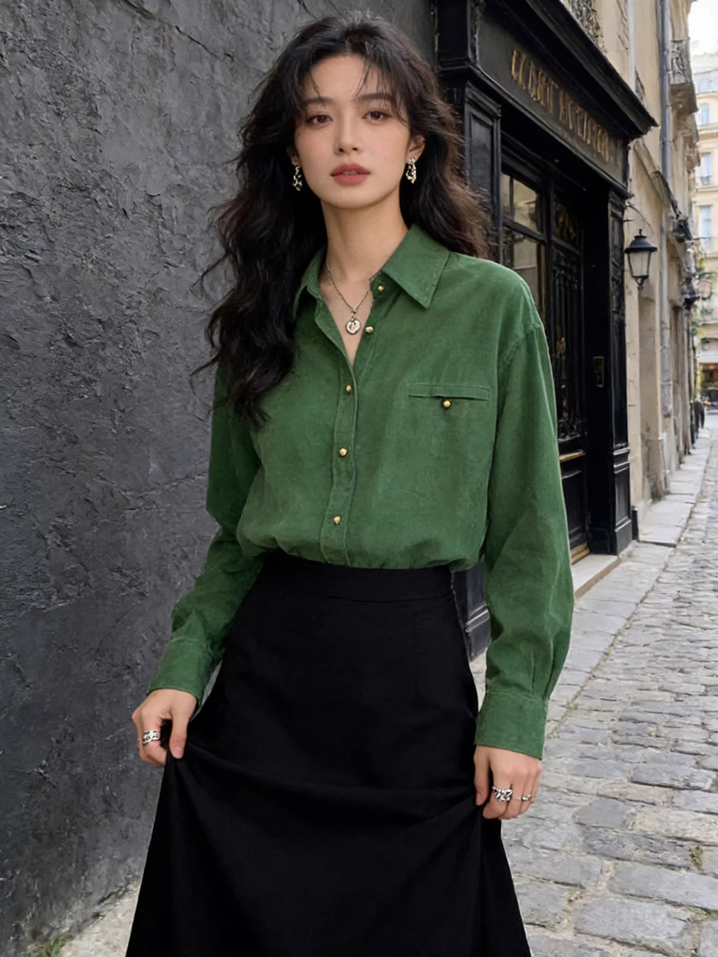 

Ретро-рубашка из вельвета для женщин, весна-осень, с отложным воротником, модный топ для многослойных образов, бренд Bule, европейский стиль, для дам.