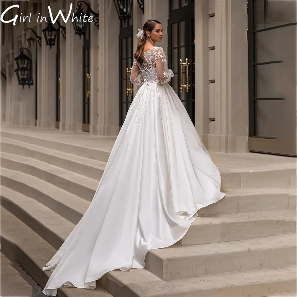 Princesa marfim cetim vestido de casamento uma linha mangas compridas vestidos de casamento personalizado apliques botão vestido de noiva novia