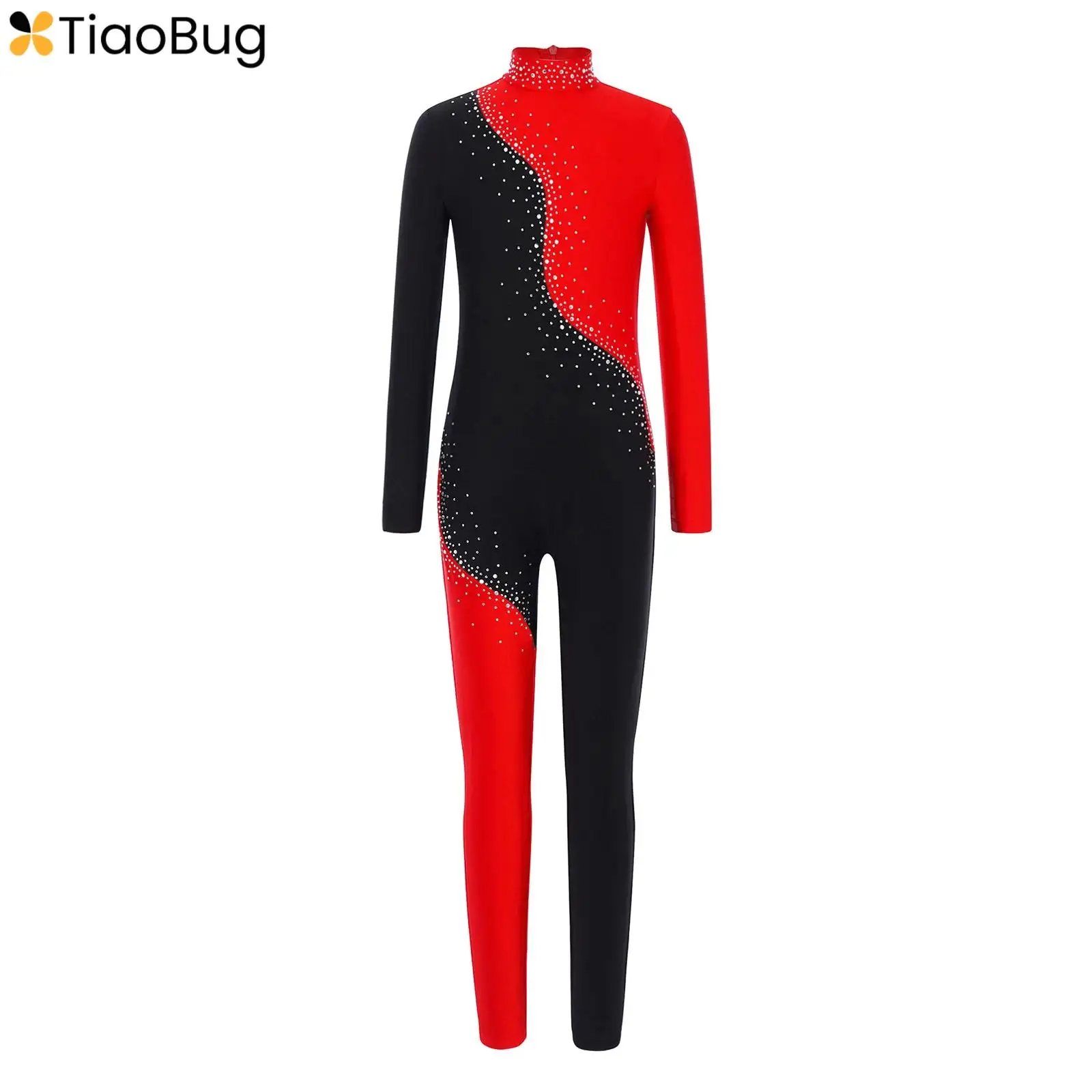

Girls Shiny Rhinestones Gymnastics Jumpsuit Figure Skating Bodysuit Mock Neck Long Sleeve Color Block Full Body Leotard