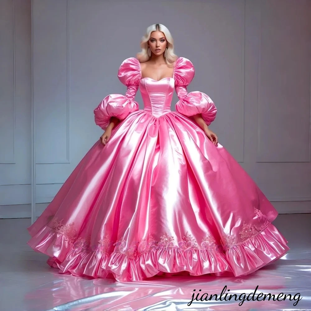 Rosafarbenes, luxuriöses, viktorianisches Ballkleid mit quadratischem Ausschnitt, Laternenärmeln, A-Linie, plissiert, bodenlang, Abendkleid, individuell gestaltet