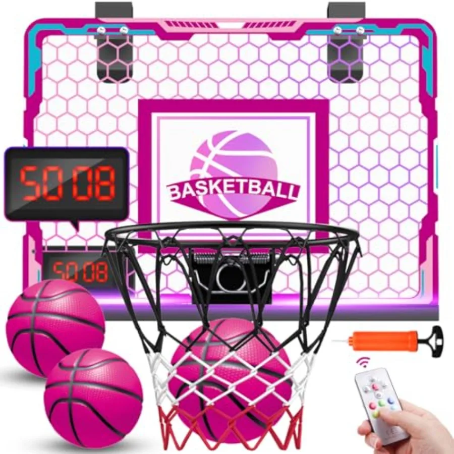 Basketball Hoop for Girls Indoor Pink Basketball Hoop with 7 Color Lights Electronic Scoreboard and Remote Controller Basketbal