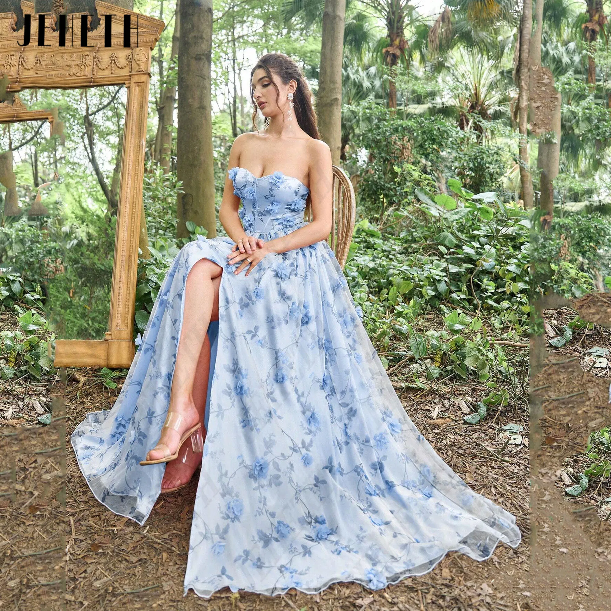 JEHETH Flowers Long Prom Party Dress Side Split Lace Evening Gowns Strapless Floral Print A-Line Floor Length vestidos de gala