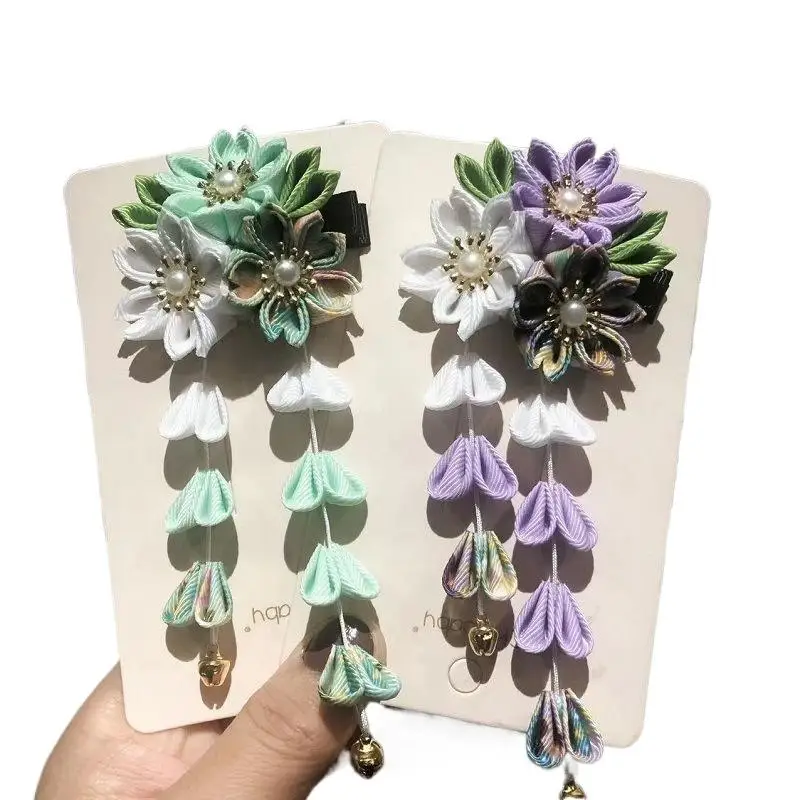Handgefertigte Blumen-Haarspange im Antiken Stil aus Stoffmaterial Japanischer Kimono-Kopfschmuck mit Blumendesign und Süßer Quaste – Detail 6