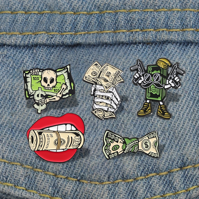 Get Rich Dollar Creative Banknote Enamel Pins Custom Punk Skeleton Money Brooches Lapel Badges Funny Jewelry Gift for Friends