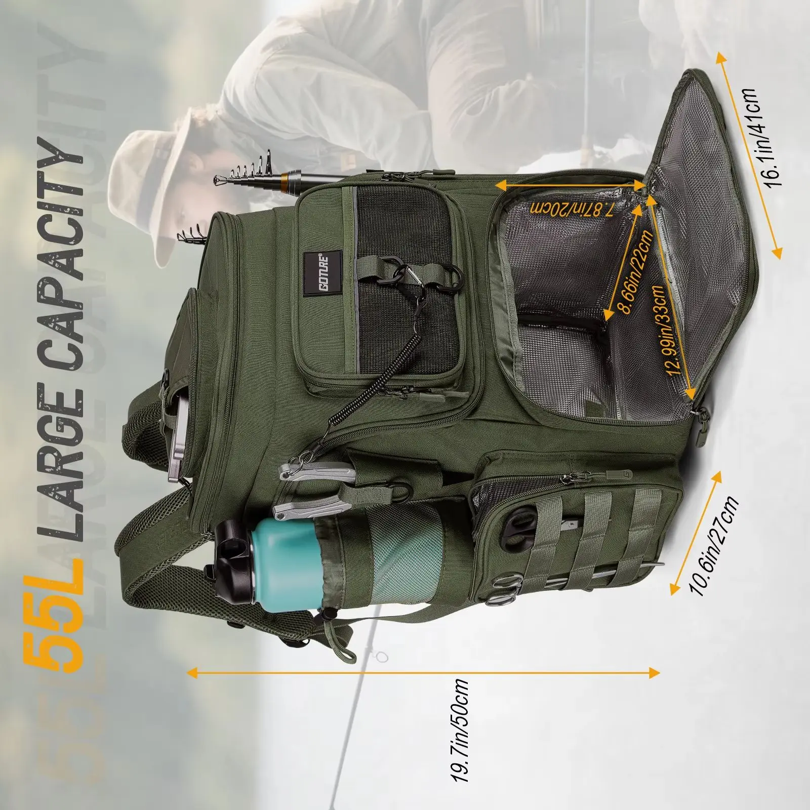 55L 900D Fishing Backpack Water-Repellent Fishing Accessory Backpack with Adjustable Compartment with Rain Cover