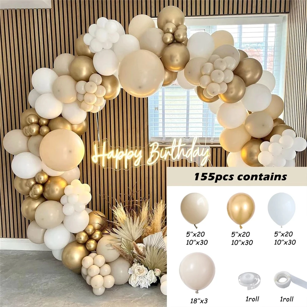 120/155pcs Rustic Beige Balloon Garland Kit Chrome Gold Wedding Birthday Decoration White Sand Globos Baby Shower Party Backdrop