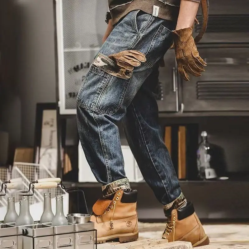 New men\'s retro work jeans cotton multi-pocket casual hundred loose jeans Y2K fashion trend hip-hop streetwear men\'s clothing