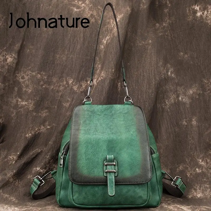 Johnature Retro Genuine Leather Shoulder Bag Women Backpack 2024 New Leisure Solid Color High Quality Cowhide Travel Bags