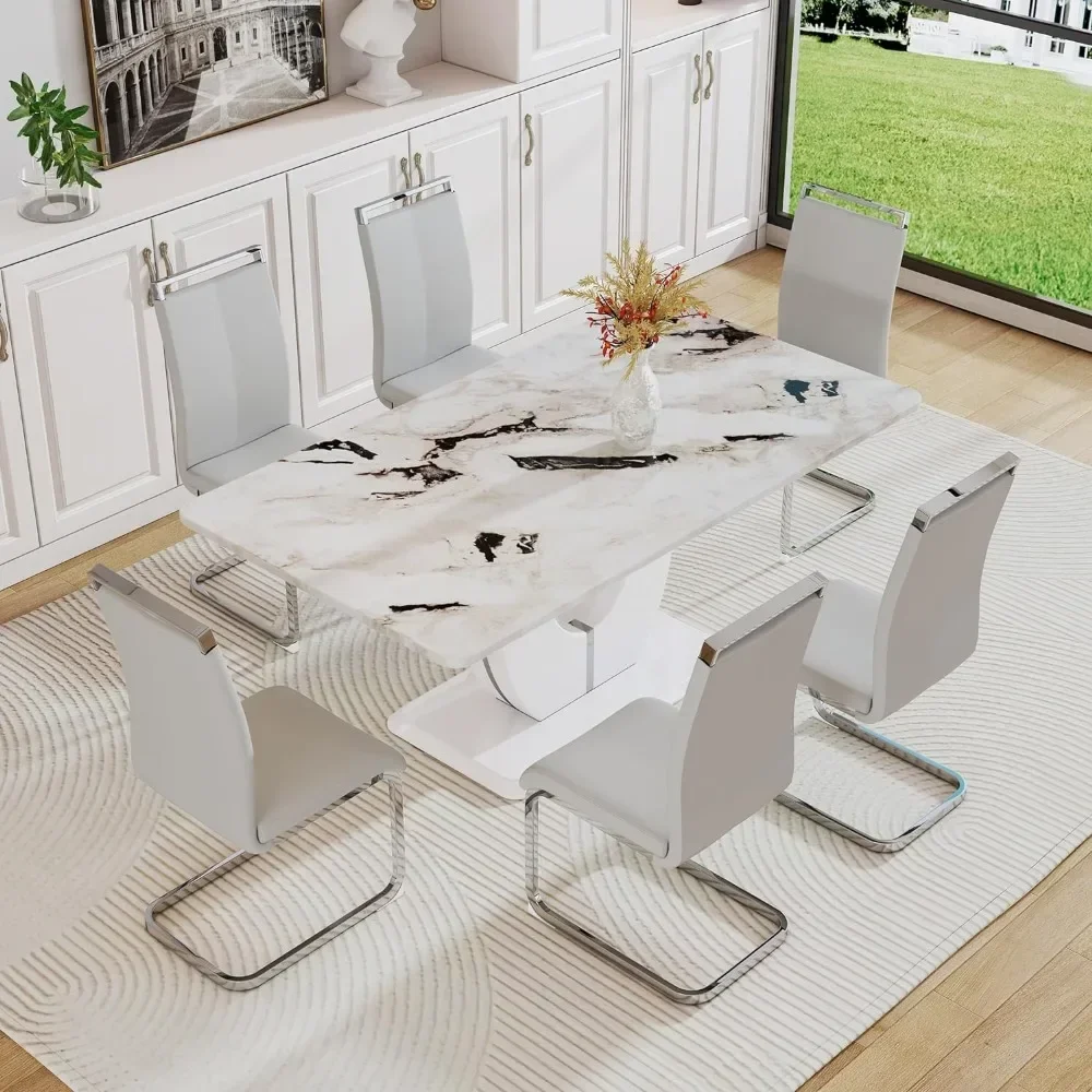 

%a Modern Dining Table Set for 6,Kitchen Table Set with Faux Marble Tabletop＆6 Pu Leather Chairs Ideal for Dining Room, Kitche