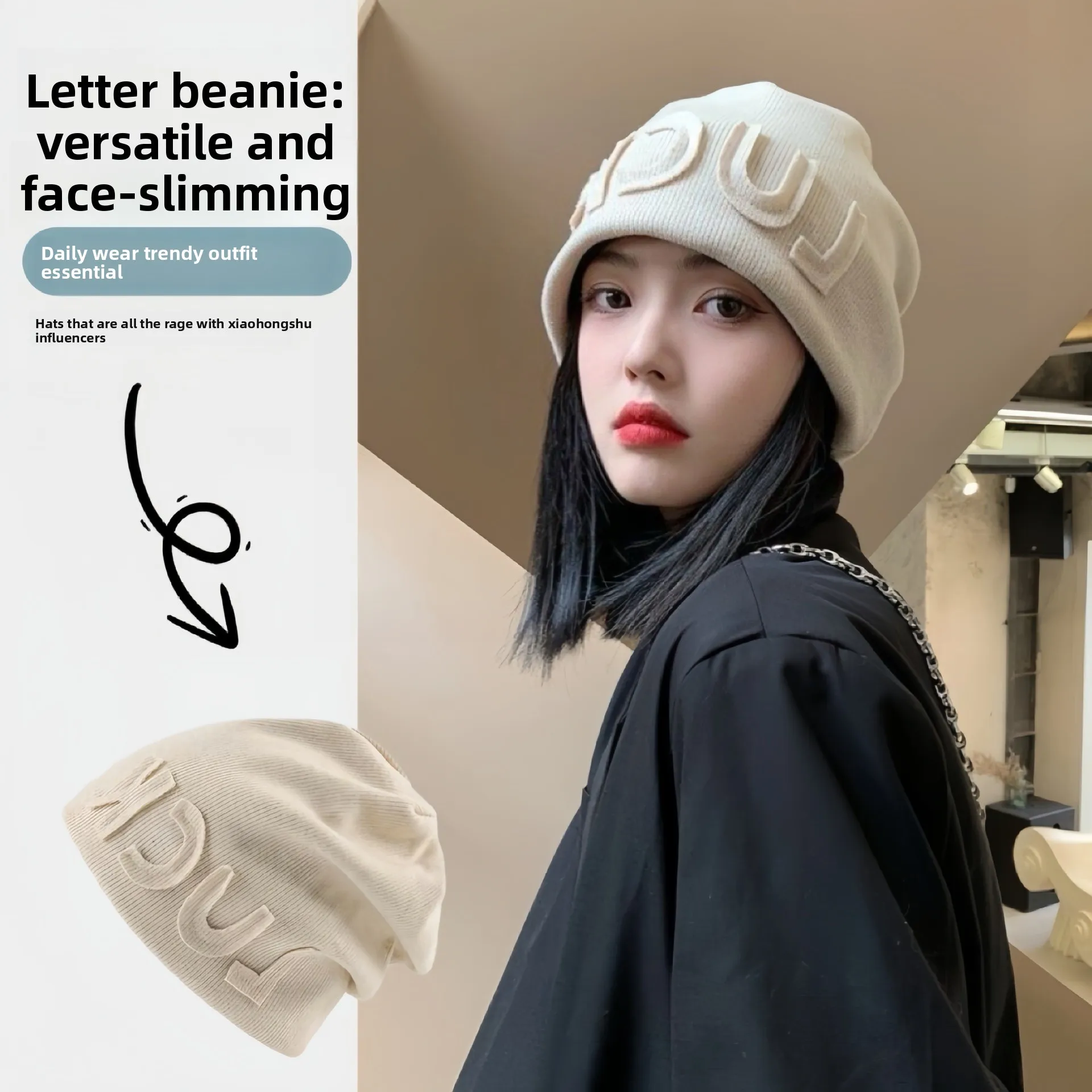 Hearing Protection Knitted Beanie Hat Protective Ear Coverage Letter Design Japanese Style for Autumn Winter Women Large Head