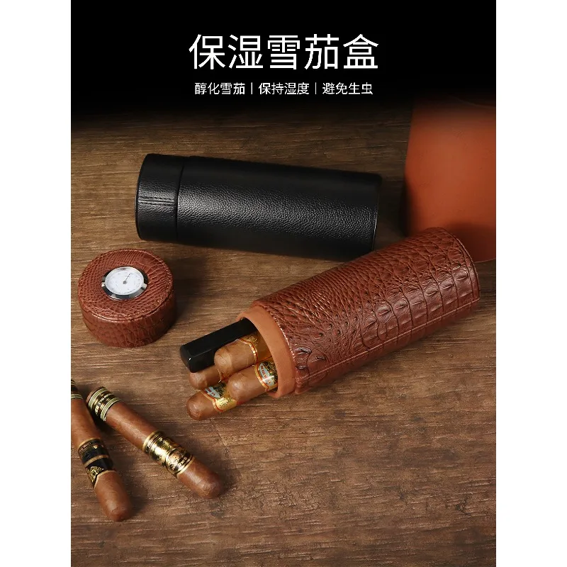 Leather Cigar Moisturizer Portable Sealed Moisture-proof Cigar Box with Hygrometer Alligator Pattern Cigar Holder