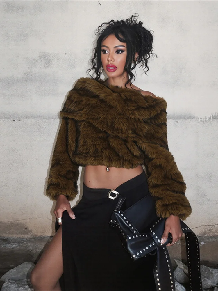 

Nibber Furry Crop Tops Woman Patchwork Skew Collar Off Shoulder Full Sleeve High Street Wild Style Autumn New Trend Clothing