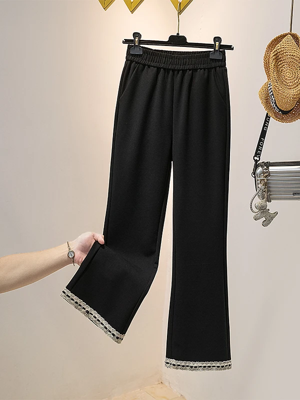 

plus Size Women's Summer New Style Lace Trim Elastic Micro Flared Pants Slim Straight Nine Crop High Waist Wide Leg Loose Fit