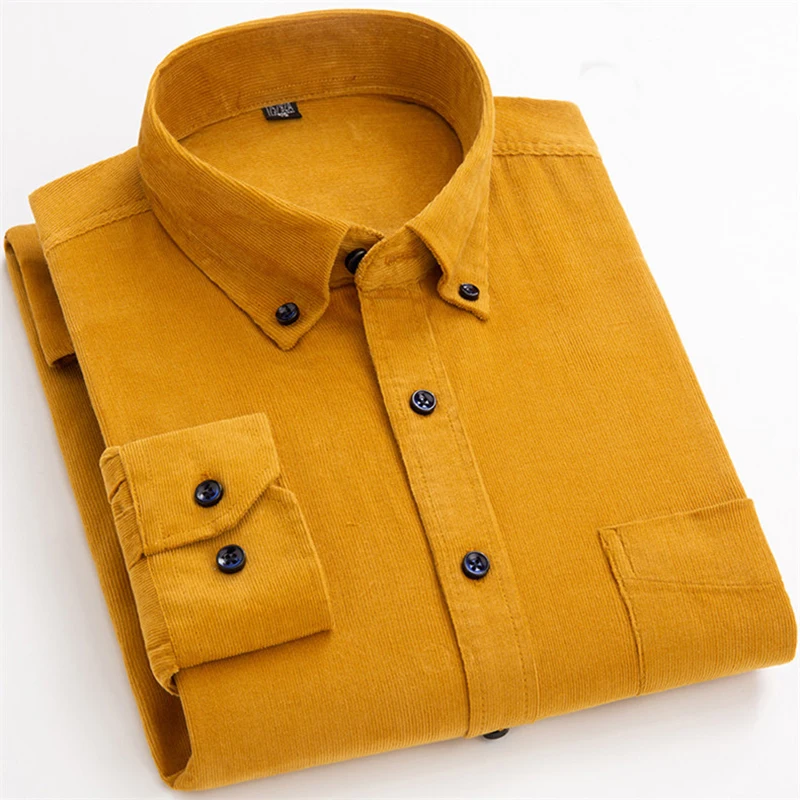 Long Sleeve Casual Shirt For Men Cotton Corduroy Solid Color S-6XL Size Daily Use New Arrival Fashion Autumn Winter Warm Shirts