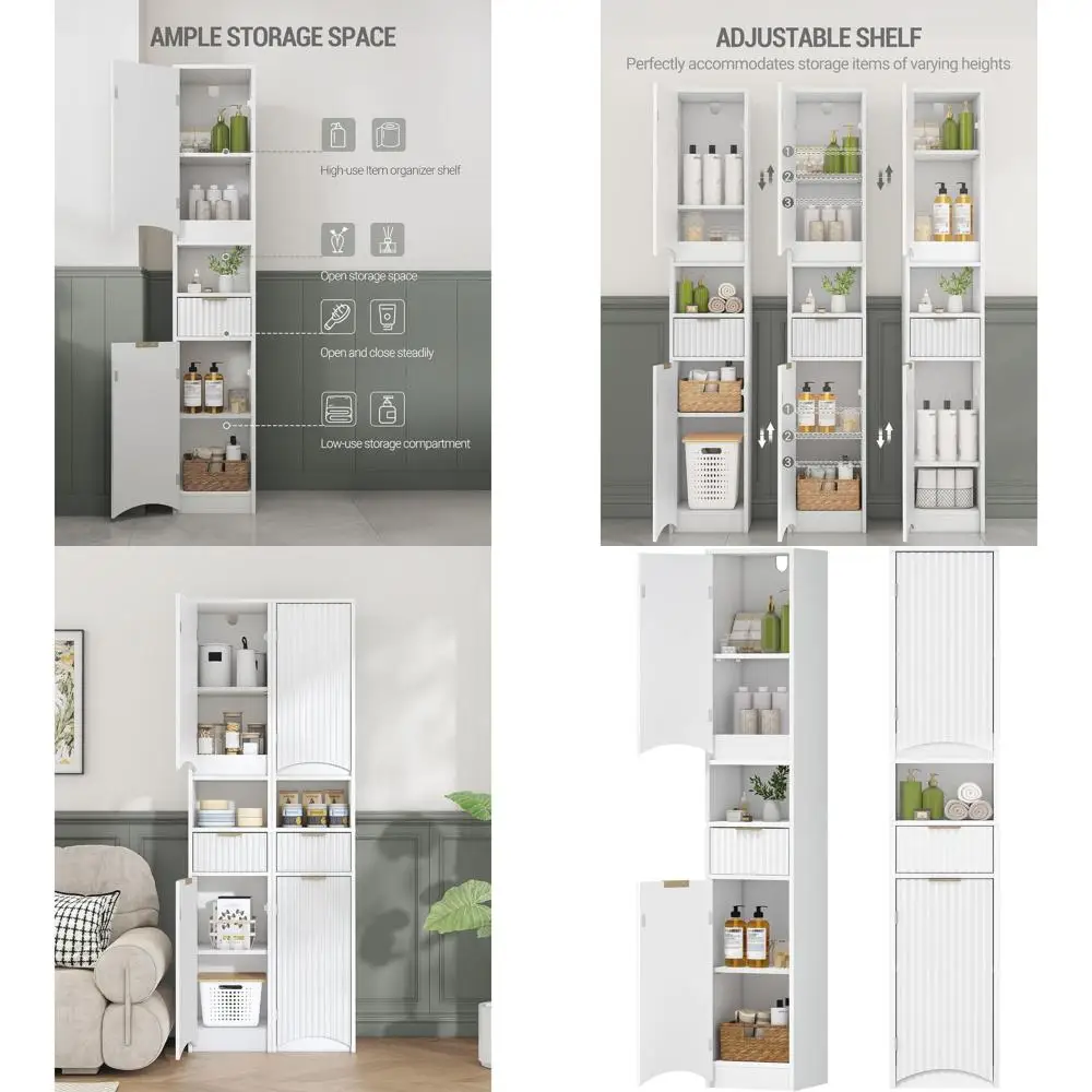 

Элегантный высокий шкаф для хранения с 2 дверцами и 1 ящиком, регулируемыми полками, подходит для ванной, гостиной и кухни, белый.