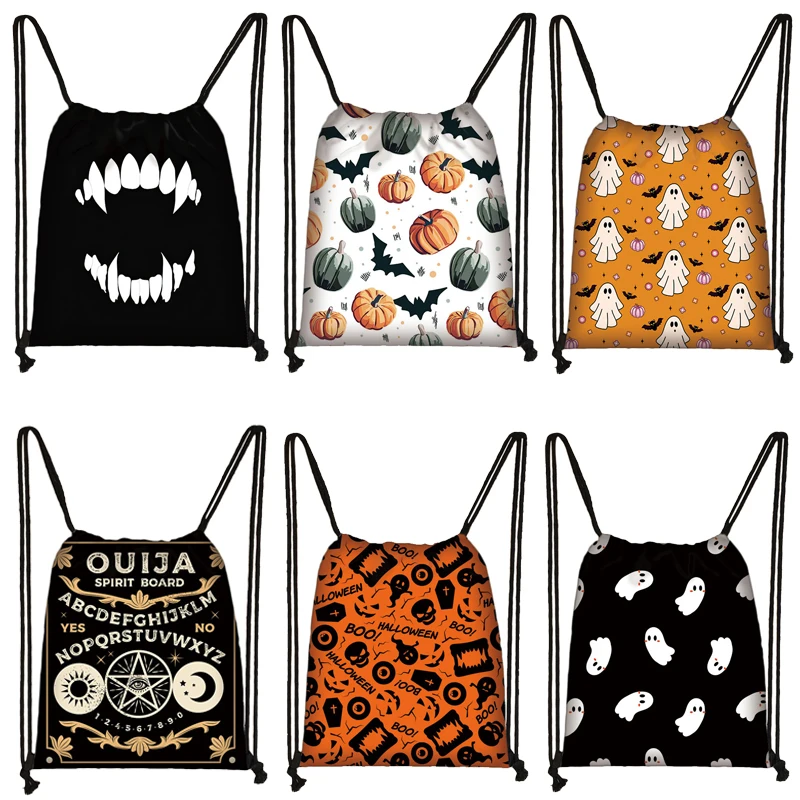 Happy Halloween Print Backpack Pumpkin Drawstring Bags Bat Spider Day Bag Ouija Shoes Holder Witch School Bags Ghost Book Bag