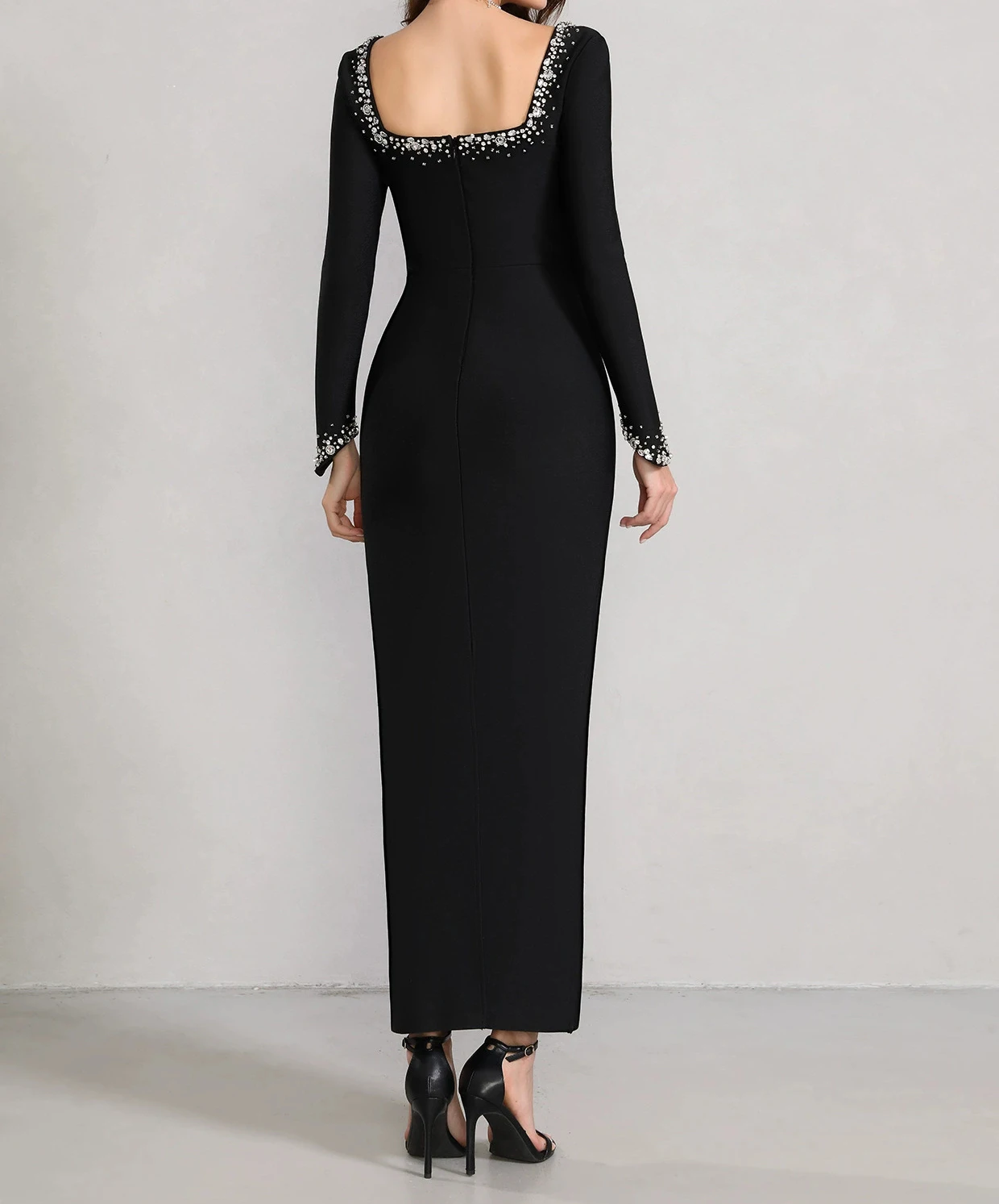 Abito da ballo a maniche lunghe in cristallo di alta qualità, elegante abito da sera con fasciatura per donna-GZXXX343