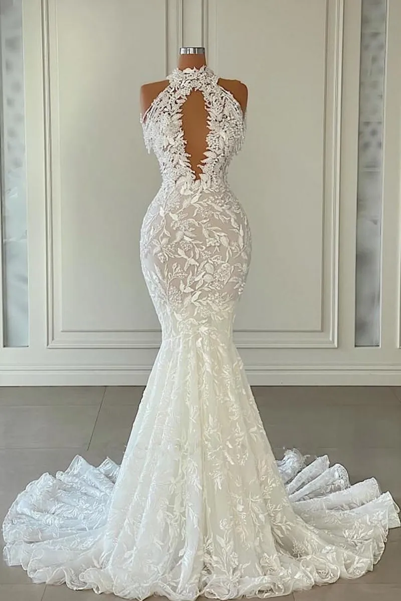 Sexy High Neck Keyhole Wedding Dress Mermaid Lace Vestido de Noiva Bridal Gowns Factory Custom Made Dresses