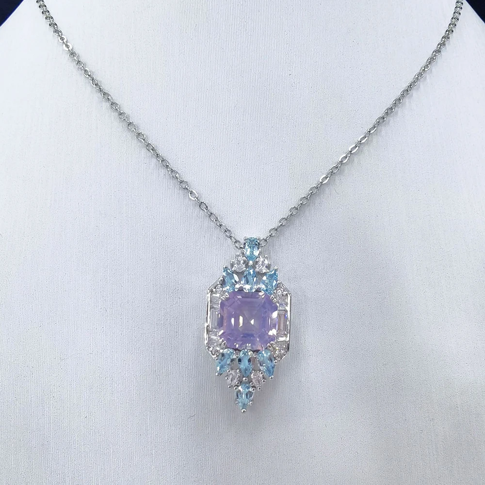 Luomansi 10*10MM Purple High Carbon Diamond Necklace Woman S925 Silver Jewelry Anniversary Party Birthday Gift
