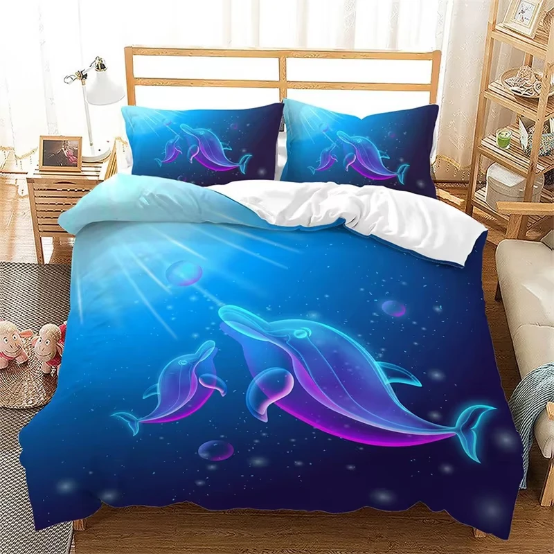 Dolphin Bedding Set, Cute Dolphin Duvet Cover, Ocean Theme Marine Life Comforter Cover Twin Queen Underwater World Quilt Cover