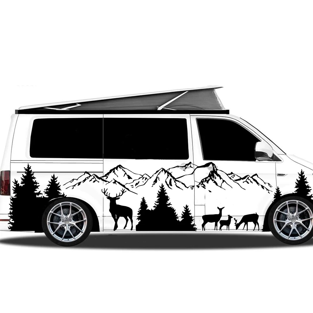 Large Mountain Tree Deer Forest Van Rv Car Sticker Travel Adventure Wildlife Camper Caravan Motorhome Vinyl Decor