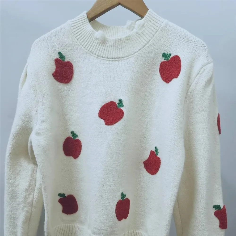 O-Neck Apple Embroidery Loose Sweater Women Winter Warm Fashion Oversize Long Sleeve Jumpers Tops Casual Elegant Knit Pullovers