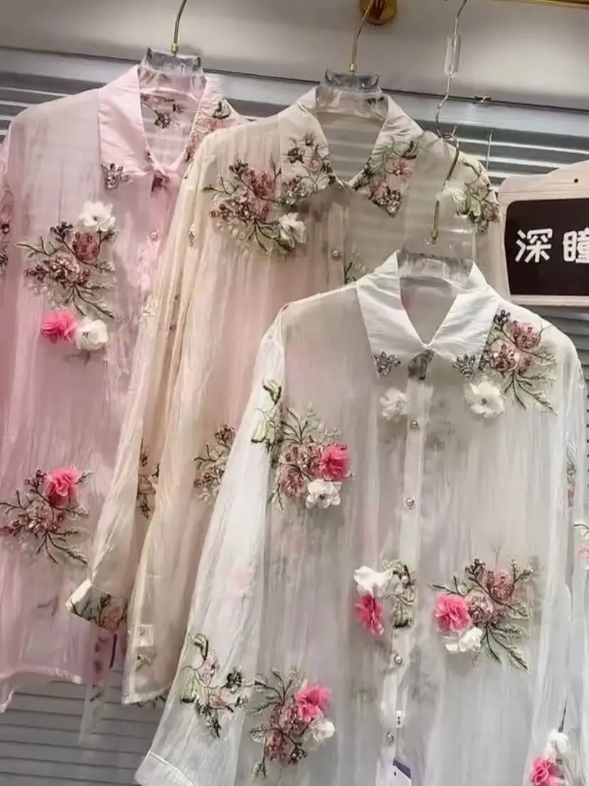 Luxury Design Summer Sparkle Diamonds Flowers Embroidery Party Shirts Blouses Women's Lightweight Sunscreen Top Woman Clothes