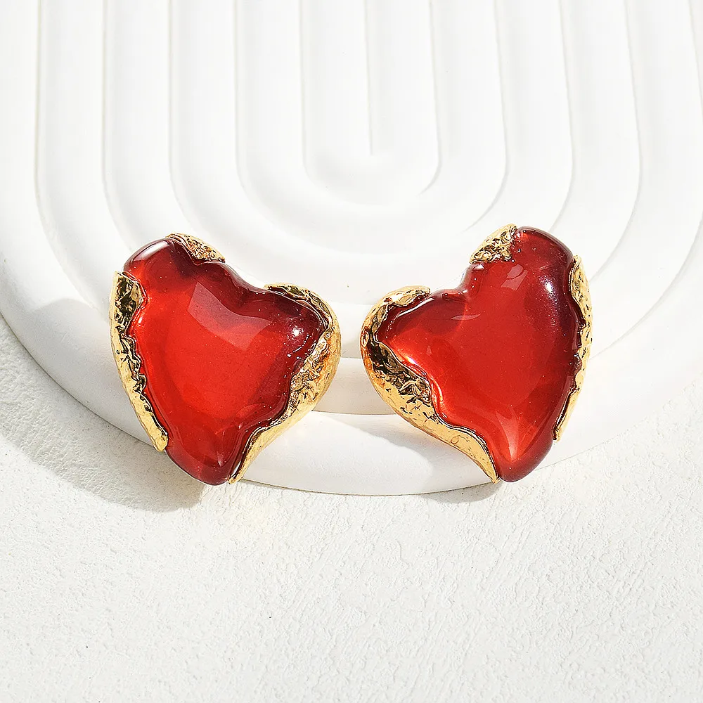 Anting-anting kancing permata akrilik hati merah tren untuk wanita anak Perempuan Vintage Barok geometris anting cinta pernyataan perhiasan pesta