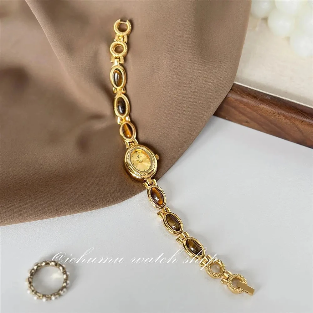 ผู้หญิงนาฬิกาทอง Vintage สร้อยข้อมือหยกสีน้ําตาลขนาดเล็กควอตซ์สวมใส่ทุกวันนาฬิกาหรูหรากันน้ําสุภาพสตรีนาฬิกาของขวัญ