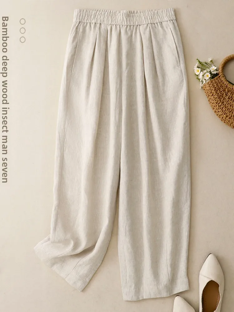 กางเกงผ้าลินินทรงหลวมสบายๆ สำหรับผู้หญิง ฤดูร้อน เอวยางยืด ทรงบอลลูน ช่วยให้ดูผอมลง น้ำหนักเบา ใช้งานได้หลากหลาย