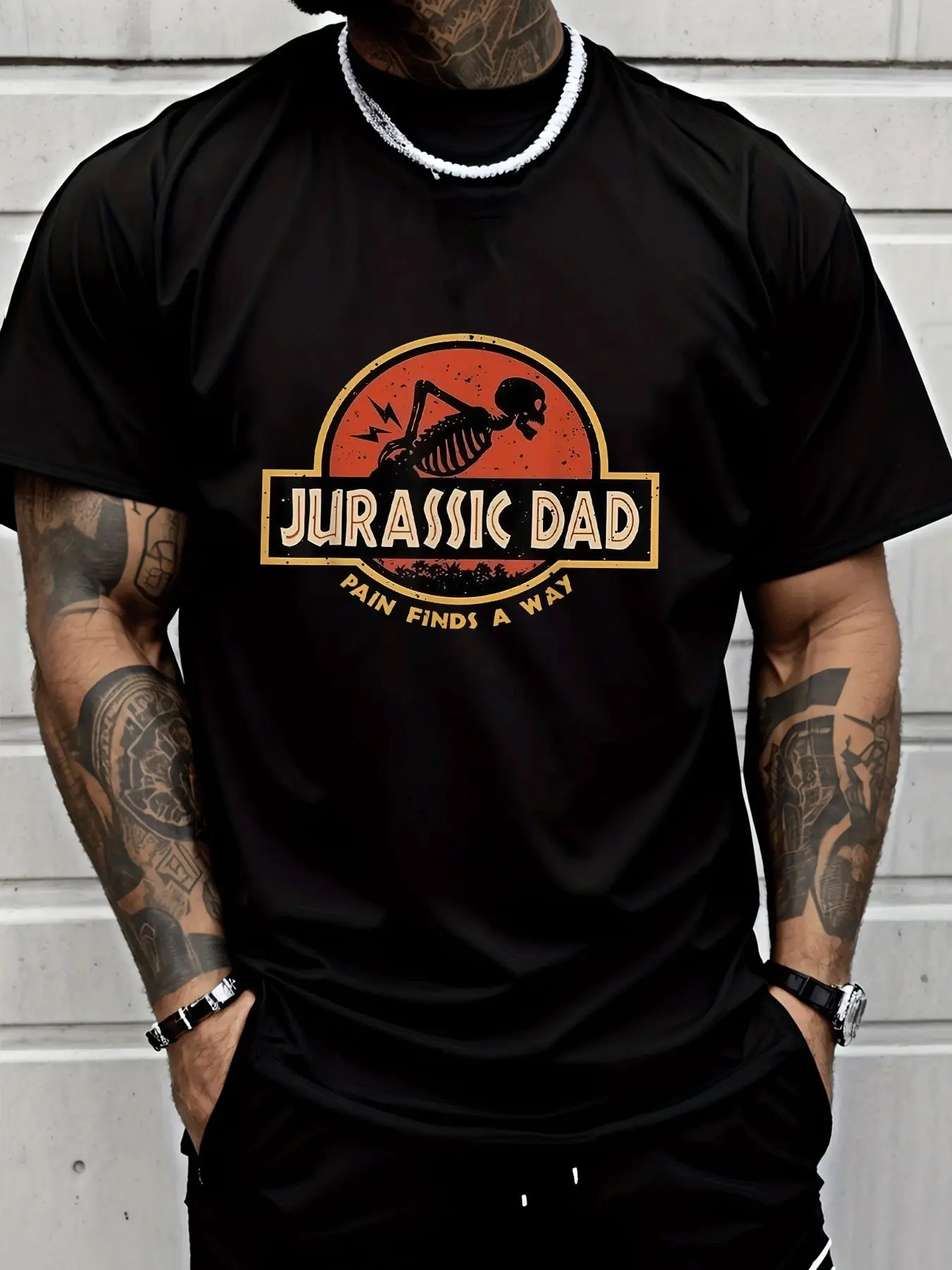 Jurassic Dad Dinosaurier-Skelett Grafik Herren T-Shirt Lustiges Vater-Vintage-Kurzarm-Rundhals-Baumwoll-T-Shirt Papa-Humor Lässiges Oberteil