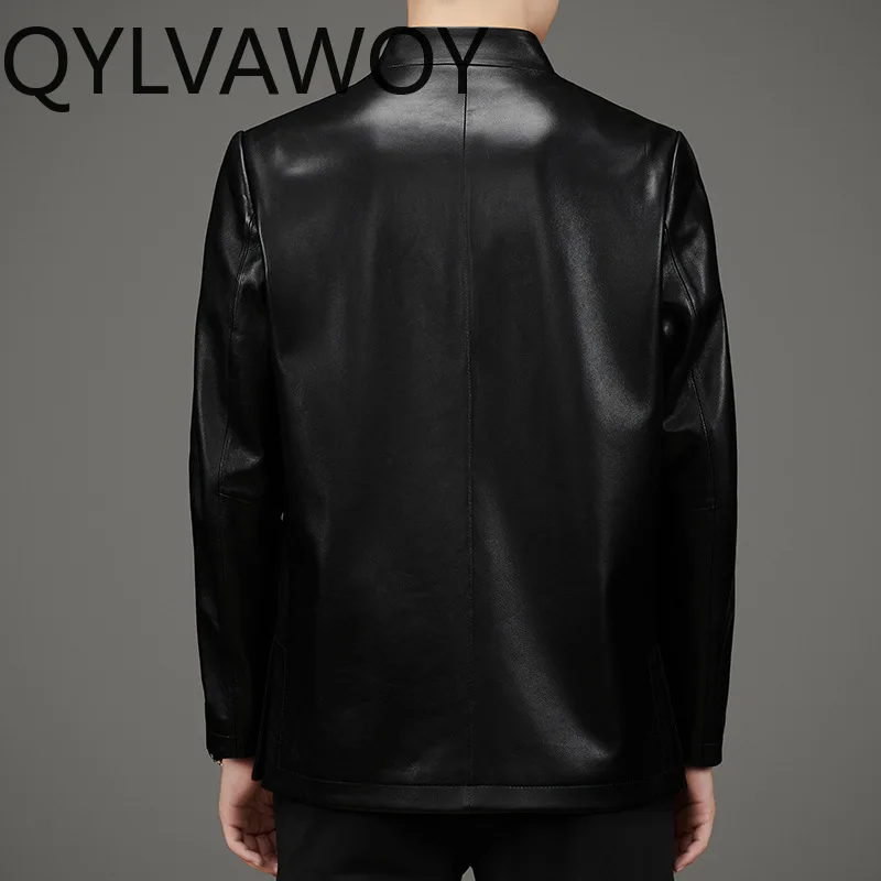 QYLVAWOY 탑 레이어 양피 가죽 자켓 남자 스탠드 칼라 정품 가죽 코트 남성용 가죽 자켓 Tang Suit jaquetas