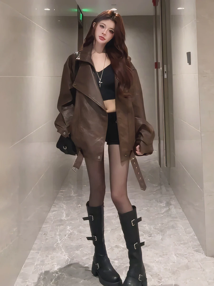 

Прохладный и сексуальный женский кожаный джерт, весна 2026, новый американский ретро-высококачественный джат Personali Top Street Sle Loos...