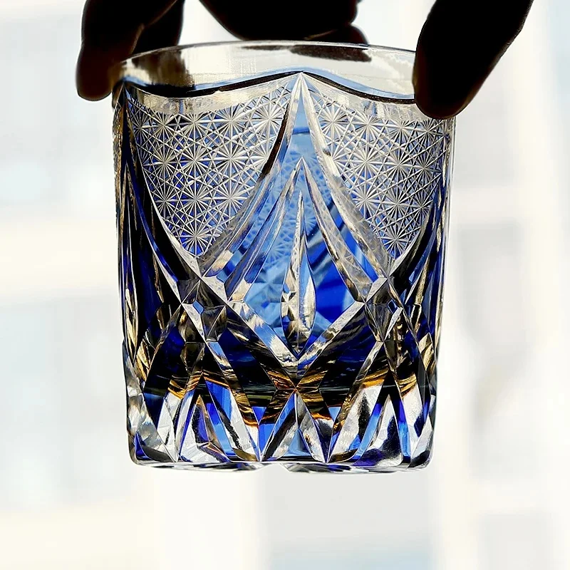 Luxury Hand Engraved Edo Kiriko Blue Whiskey Glass Old-Fashioned Japanese Crystal Barware Whisky Gift 250ml Dropshipping