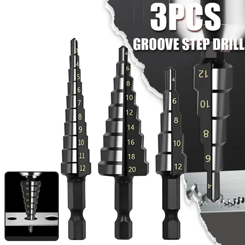

3pc 3-12mm 4-12mm 4-20mm HSS Straight Groove Step Drill Bit Set Titanium Coated Wood Metal Hole Cutter Core Drill Bit Set