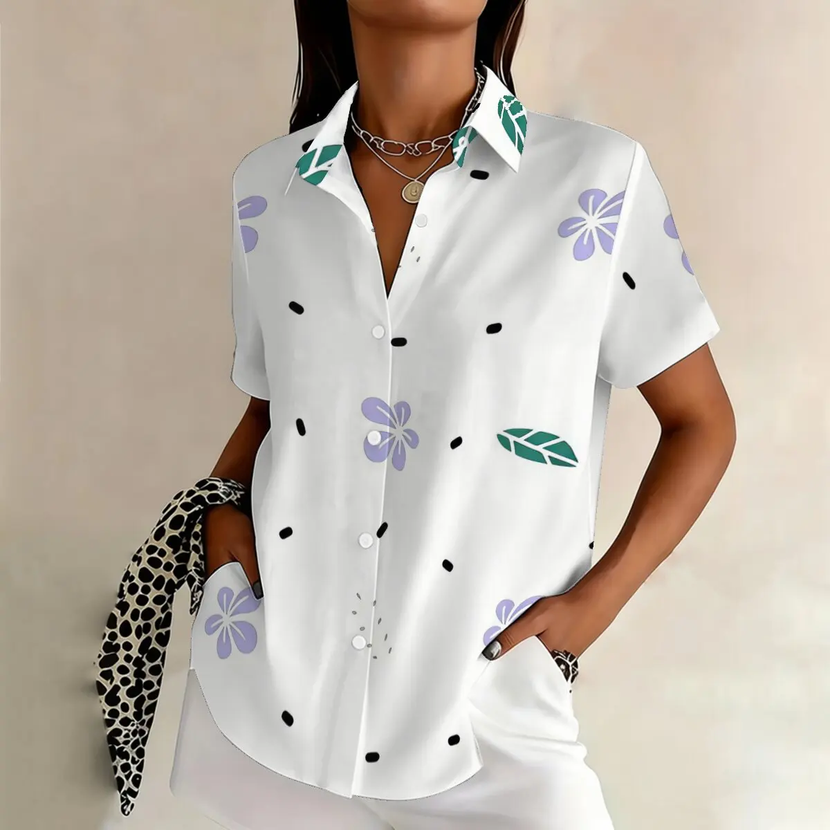 

Simple and personalized flower print summer women's plus size lapel short sleeved shirt fashionable daily versatile casual top