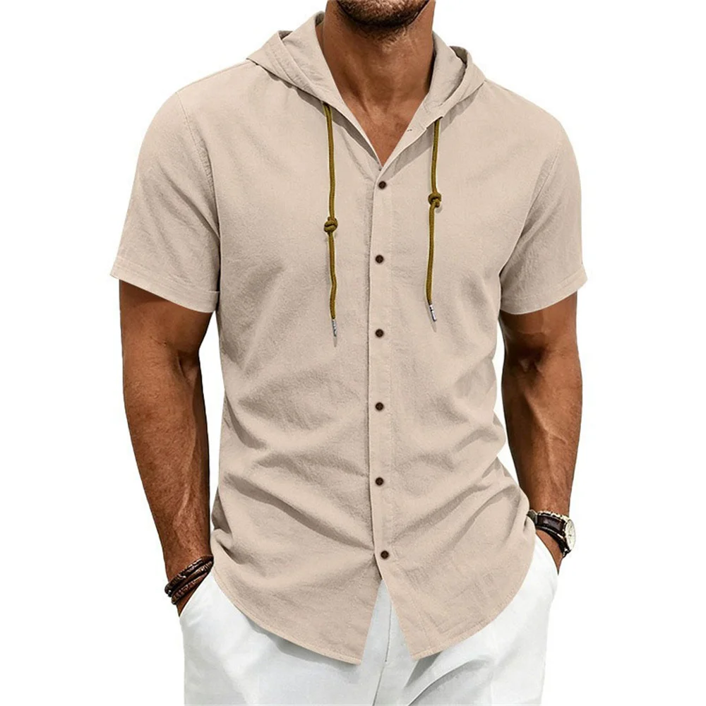 Cotton Linen Shirt for Men Solid Color Lightweight Breathable Fashion Hooded Single Breasted Short Sleeve Tops Male Clothing