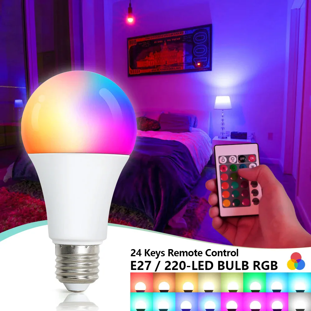 Tuya Smart LED Bulb 16Colors RGB Multicolor Bulb E27 Base 220V Household Lighting Dimmable 24Key Remote Control Atmosphere Light