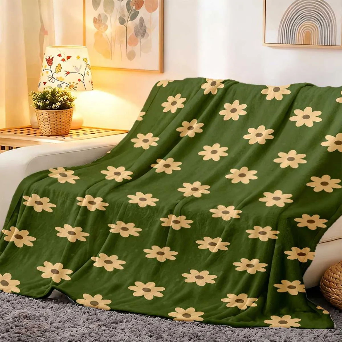 Luxurious Floral Print Flannel Throw Blanket Polyester Couch Sofa Bed Decor Green Daisy Pattern Winter Autumn Cozy Home Linens G