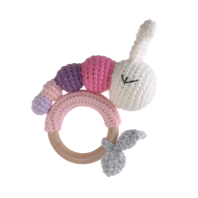 1Pcs Baby Teething Toys Wooden Teether Round Ring Bracelet Handmade Cotton Knitting Animal Caterpillar Deer Baby Rattles Gifts