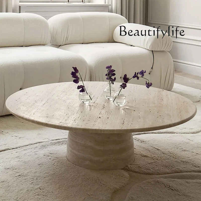 

Журнальный столик из натурального травертина, диван для гостиной, круглый роскошный каменный журнальный столик, дизайнерский светильник, роскошный минималистичный ваби **** ветер