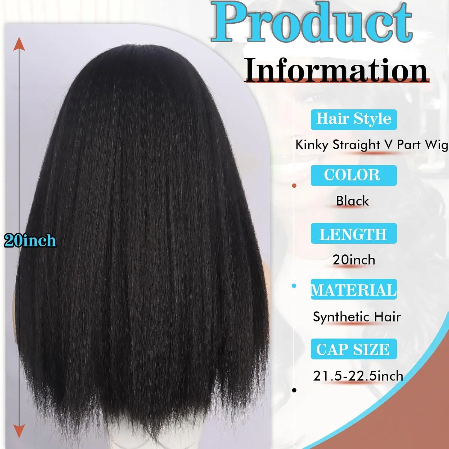 V Part Wig & Yaki Straight Glueless Wig - Half Wig Synthetic Wigs for Black Women, Kinky Straight & Yaki Straight Options, Wear