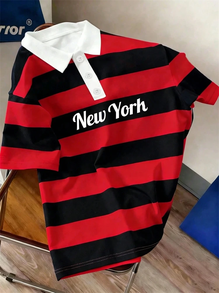New Summer Men's Color-Block Striped Collared Short-Sleeve T-Shirt Men's Streetwear Polo Shirt Casual Commuter Oversized Top
