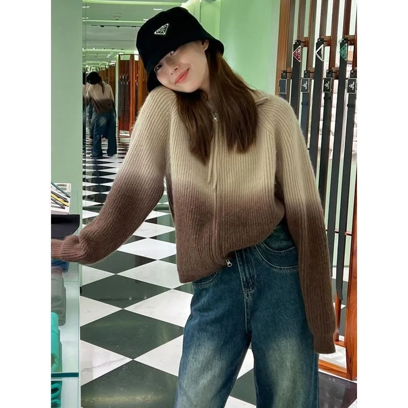 Women Clothing Autumn Winter Fashion Korean Zipper Gradient Color Knitting Women All-match Fashionable Long Sleeve Cardigan Coat